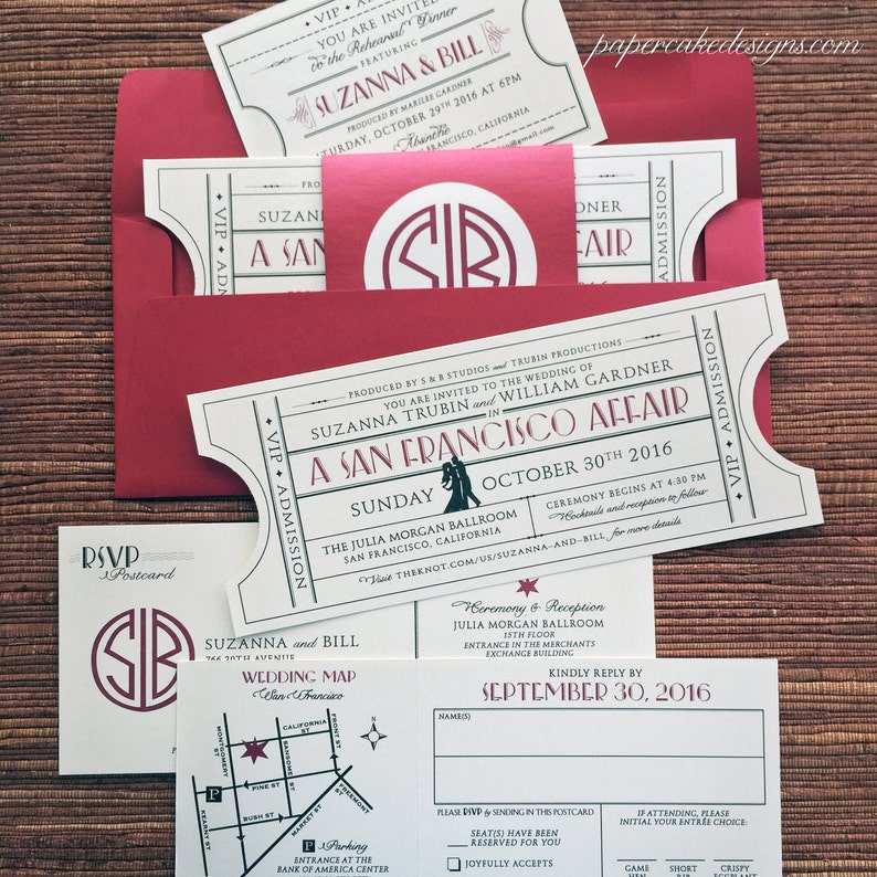 Vintage Event Ticket SAMPLE Wedding Invitation Suite / Movie Theater Music Ballroom Theme / RSVP Details Map Enclosure Card image 7