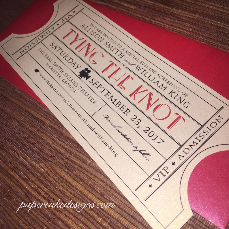 Wedding Save the Date Vintage Film Ticket / Cinema Theater Hollywood / outer Envelope Sample/front only