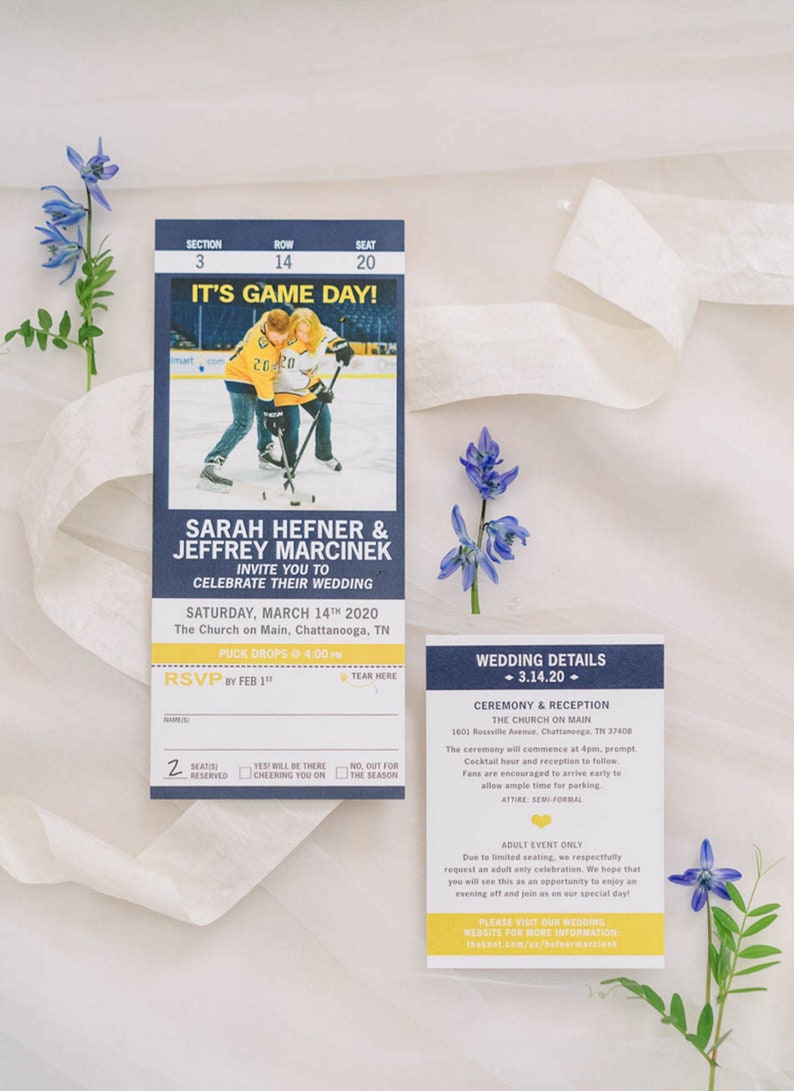 Sport Ticket Invitation with Tear Off RSVP Stub SAMPLE Weddings Shower Birthday Bar Mitzvah Dinner Party image 1