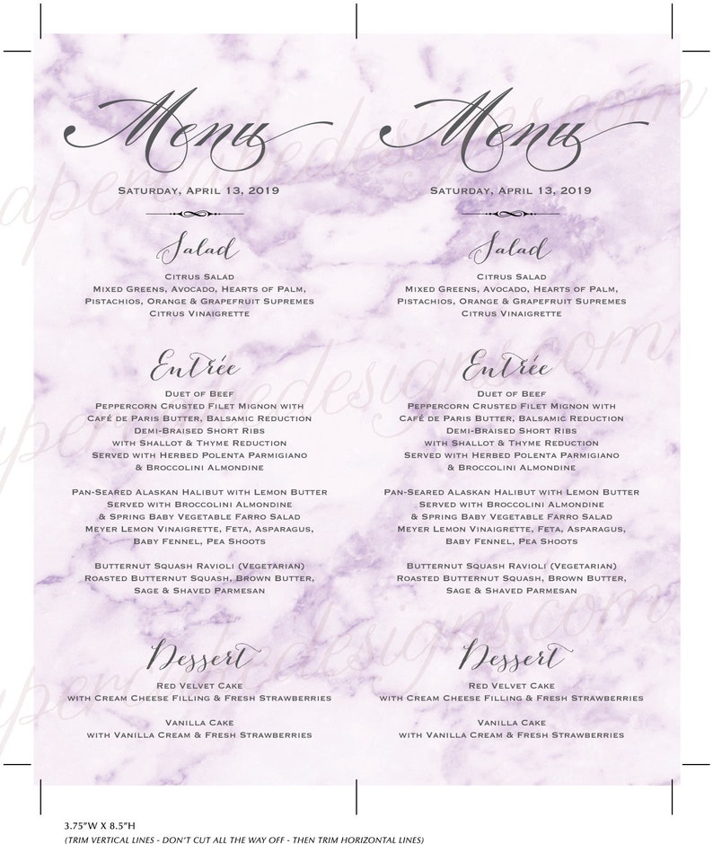 Wedding Menu / Purple Marble Graphic / DIY Printable PDF Template image 2