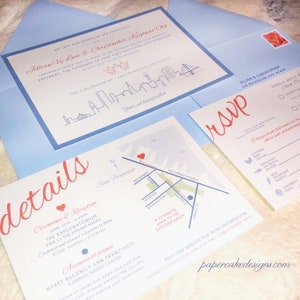 Suite d'invitations à un mariage à l'hôtel de ville de San Francisco - ÉCHANTILLON - Suite d'invitations Skyline moderne avec détails Rsvp Cartes jointes