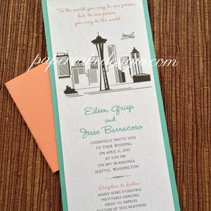 Tema de invitación de boda con el horizonte de la ciudad de SEATTLE / Descarga de diseño digital / Ilustración gráfica de paisaje urbano