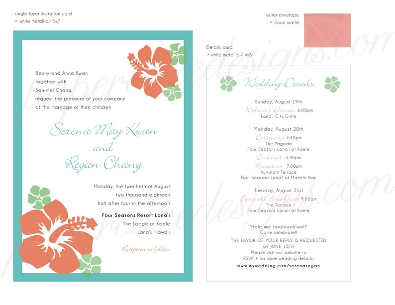 Beach Wedding Invitations / Hawaiian Tropical Custom Designs Single+details card