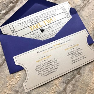 Wedding Save the Date Vintage Film Ticket / Cinema Theater Hollywood / outer Envelope Sample/front & back