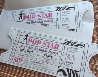 Pop Star Vintage Invitation Ticket / Girls Birthday Party / DIY Download Printable PDF Template