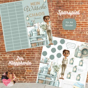 May include: Two-page layout with a cleaning theme. One page has a grid for tracking, the other features a cartoon woman and cleaning supplies. Text includes "Mein Wäsche Chaos" and "Sparspiel".