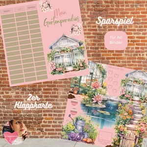 May include: Pink and tan stationery featuring a greenhouse illustration and German text. The stationery includes a savings game and a card with a garden scene. The text "Mein Gartenparadies" is visible.
