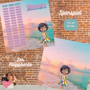 Può includere: Due fogli di carta a tema spiaggia. Un foglio ha una griglia per il monitoraggio, l'altro ha un design numerato. Una bambola con un vestito colorato è sulla spiaggia. Il testo sui fogli include "Meeres", "Sparspiel" e "für A6 Binder".