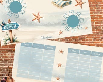 May include: Watercolor beach-themed design featuring a sign that reads "Beach", dice, starfish, a beach bag, and a striped blanket. The design includes a light blue and beige color scheme, evoking a coastal atmosphere. The image also includes a table with a grid.