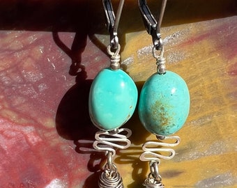 Turquoise Earrings Artisan Sterling Silver Wire Wrapped Earrings.