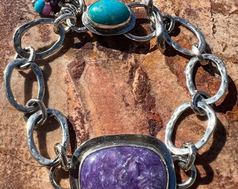 Charoite Turquoise Bracelet Artisan Sterling Silver Link Bracelet.