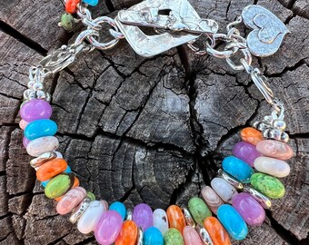 Turquoise  Gaspeite Bracelet Lavender Jade, Orange Spiny, Wild Horse, Rhodochrosite Artisan Sterling Silver Bracelet.