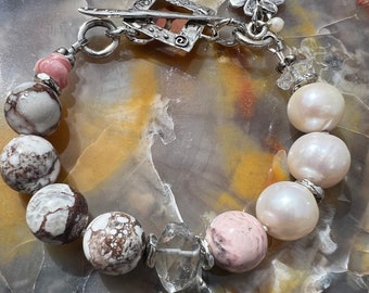 Freshwater Pearl Bracelet Wild Horse, Rhodochrosite, Herkimer Diamond Artisan Sterling Silver Bracelet.