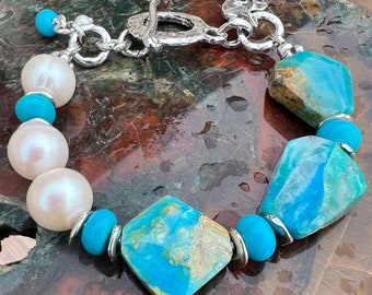 Blue Peruvian Opal Bracelet Artisan Sleeping Beauty Turquoise, Freshwater Pearl Bracelet.