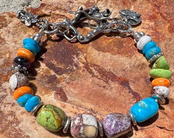 Turquoise, Gaspeite Bracelet Stichtite, Rhodochrosite, Wild Horse, Orange Spiny Oyster Artisan Sterling Silver Bracelet.