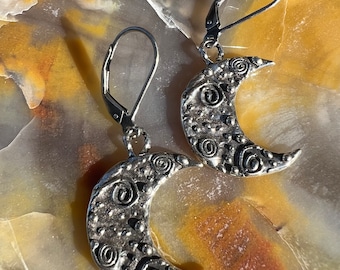 Moon Earrings Artisan Sterling Silver Dotted Swirl Design.