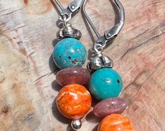 Kingman Turquoise Earrings with Orange Spiny Oyster and Rhodochrosite