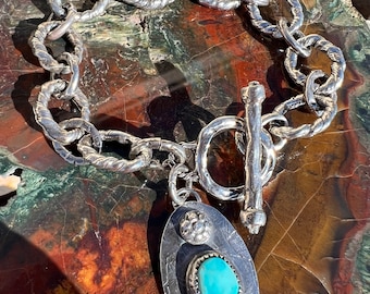 Sleeping Beauty Turquoise Bracelet Artisan Sterling Silver Link Bracelet.
