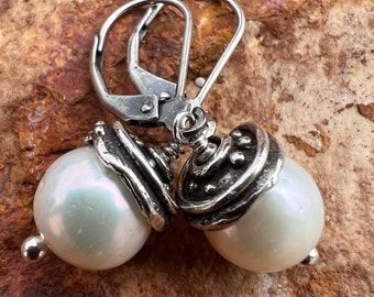 Freshwater Pearl Earrings Artisan Sterling Silver Dangle Design