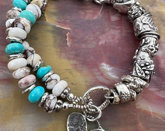 RESERVED for GT. Turquoise Bracelet Wild Horse Double Strand Artisan Sterling Silver Bracelet.