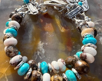 Wild Horse Bracelet Artisan Sterling Silver Sleeping Beauty Turquoise Fire Lace Opal Double Strand Bracelet.