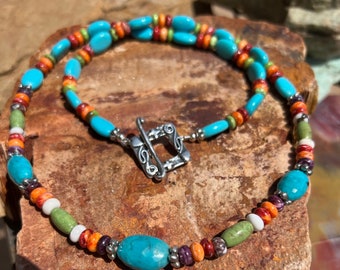 Nacozari Turquoise Necklace Gaspeite, Wild Horse, Orange/Red/Purple Spiny Oyster Artisan Sterling Silver Necklace.