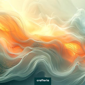Può includere: Arte digitale astratta con strati di colori blu chiaro e arancio che vorticano e fluiscono. I colori si fondono per creare un effetto morbido ed etereo.