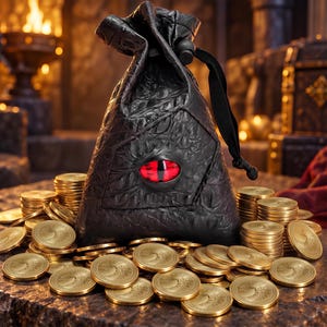May include: A black textured drawstring pouch featuring a prominent, realistic red eye embedded in the centre, surrounded by a large pile of shiny gold coins. The pouch has a black cord closure and a crinkled, leather-like surface texture.