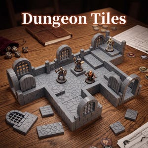 May include: A set of gray plastic dungeon tiles featuring stone floor textures and wall segments with arched windows and doorways. The modular pieces are arranged to form a room layout with miniature fantasy figures placed inside the structure.