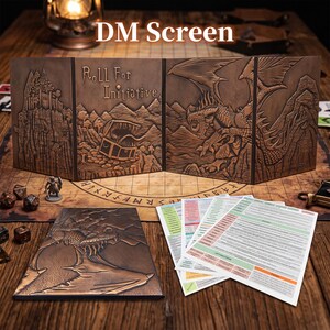 Dungeon Master Screen, 3D Embossed DM Screen Faux Leather Four Panel with Felt Bag 5e Reference Inserts, For RPG Sessions Game Nights