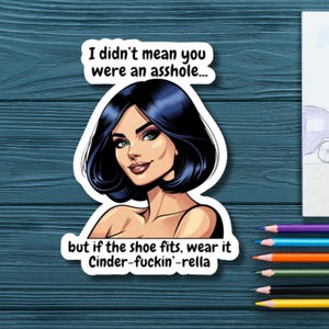 Rude sticker fun decal humorous pop art woman vinyl sticker with cheeky saying for decorating notebooks and laptops, ideal gag gift