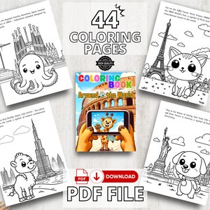 May include: A colouring book with 44 pages featuring illustrations of famous landmarks around the world, including the Eiffel Tower, the Statue of Liberty, and the Burj Khalifa. Each page features a cute animal character.