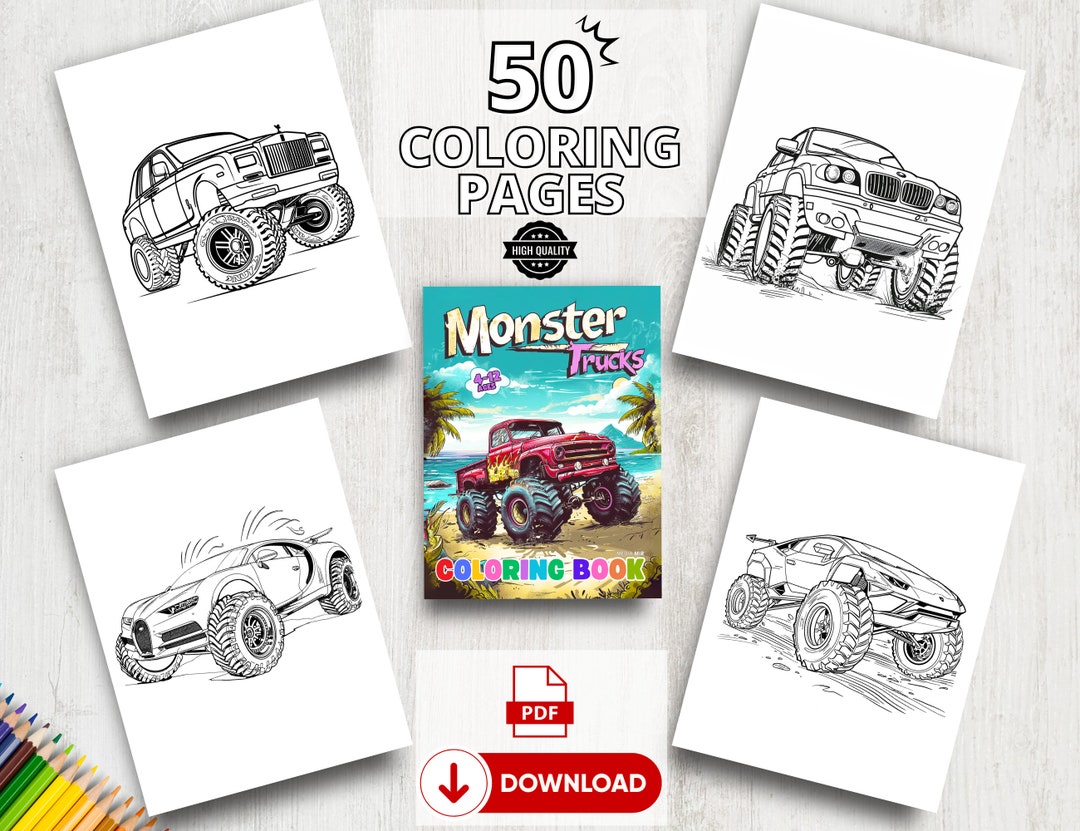 Monster Trucks Coloring Book | Coloring Pages for Kids Ages 4-12 | 50 ...