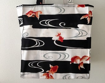 Goldfish Tote Bag, Graphic Japanese Fantailed Goldfish in Black and White TIGHT 'N' TIDY Tote Bag, Reusable Shopping Bag, Compact Tote Bag