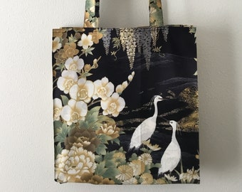 Folding Tote Bag, Japanese Egrets and Flowers TIGHT 'N' TIDY Tote Bag, compact shopping bag, black white gold, bird, traditional art