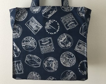 Japanese travel stickers TIGHT 'N' TIDY Tote Bag, folding shopping bag, navy silver, Tokyo, Hiroshima, Kyoto, Hokkaido, Iwate, eco bag