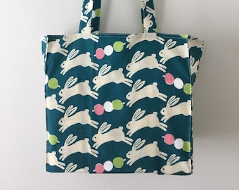 Bunnies and Dango TIGHT 'N' TIDY Tote Bag, folding shopping bag, eco bag, rabbit, Japanese sweets dango, teal cream, free shipping, kawaii