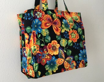 Butterfly Tote Bag, Bright Butterflies and Blooms TIGHT 'N' TIDY Tote Bag, folding eco bag, vibrant colors, compact shopping bag, foldable