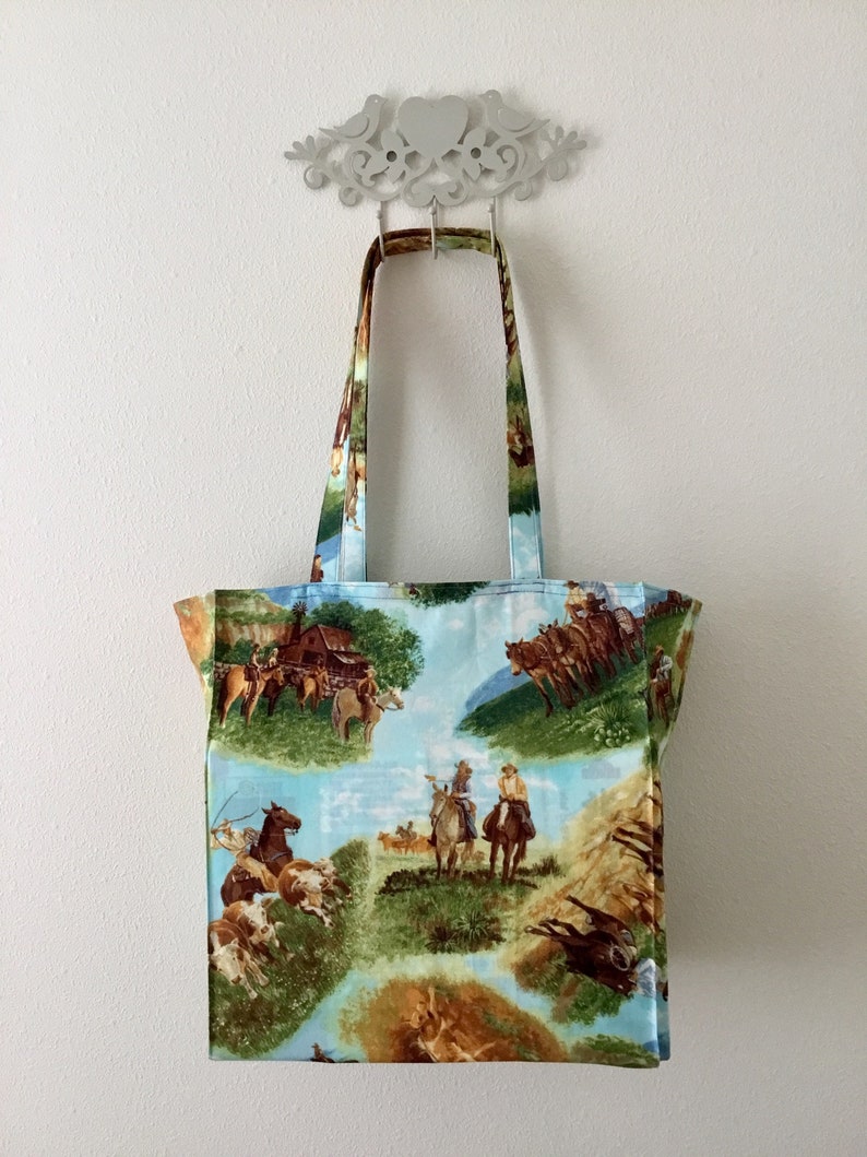 Cowboy TIGHT /'N/' TIDY Tote Reusable Shopping Bag Eco bag Cattle roping Wild West Tote Bag Covered wagon Compact folding market bag