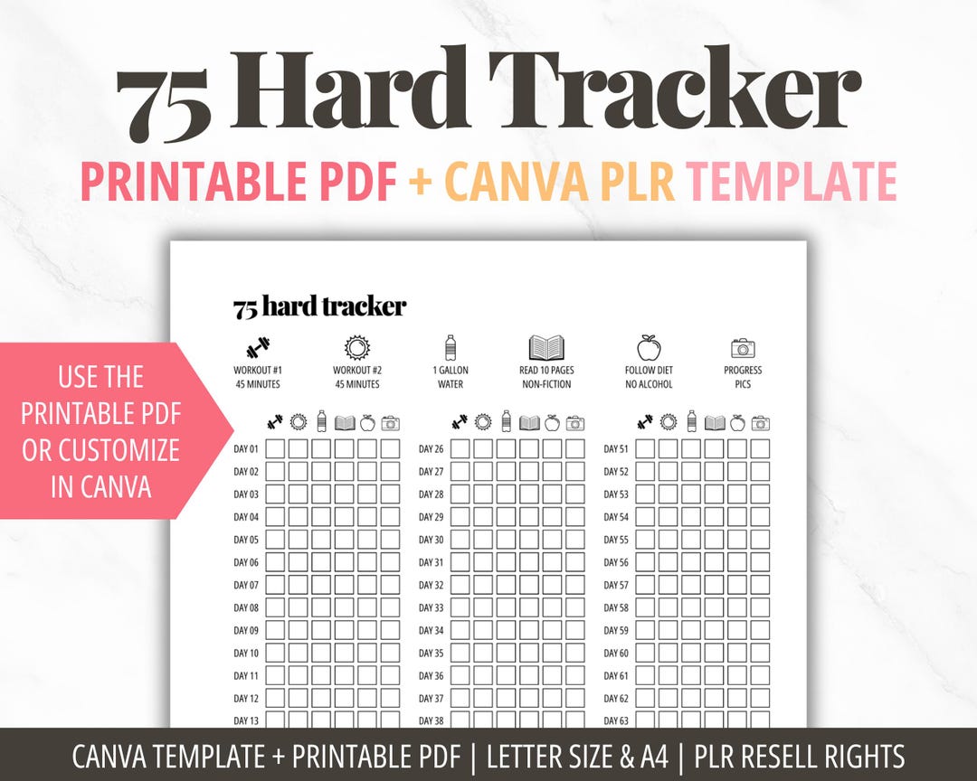 75 Hard Tracker Printable PDF 75 Hard Challenge Tracker Template Canva ...