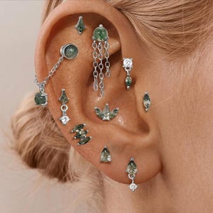 Green Moss Agate Multi Piercing Earrings Set, Dainty Silver Ear Stack, Chain Cartilage Jewelry, Bridal Ear Styling, Bridesmaid Gift
