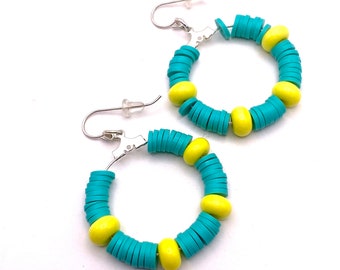 Neon Hoop Earrings Sterling Silver, 80s Earrings Summer Jewelry, Funky Bright Jewelry Gift, Teal Heishi Beads, Fun Colorful Earrings