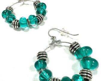 Turquoise Green and Sterling Silver Beaded Hoop Earrings, Handmade Glass Beaded Earrings, Turquoise Green Bead Jewelry, Unique Green Hoops