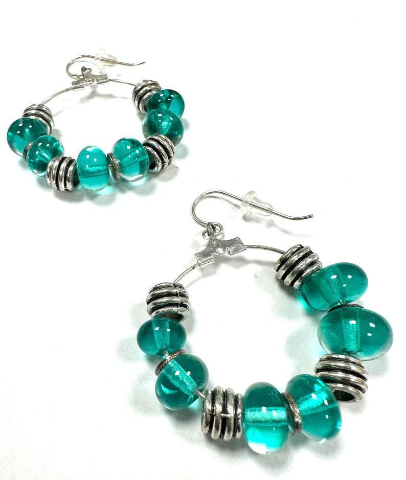 Turquoise green glass beaded and silver beaded drop hoop earrings