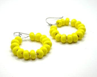 Bright Yellow Beaded Earrings, Yellow Beaded Jewelry, Handmade Glass Beaded Earrings, Colorful Jewelry, Yellow Hoop Earrings Sterling Silver