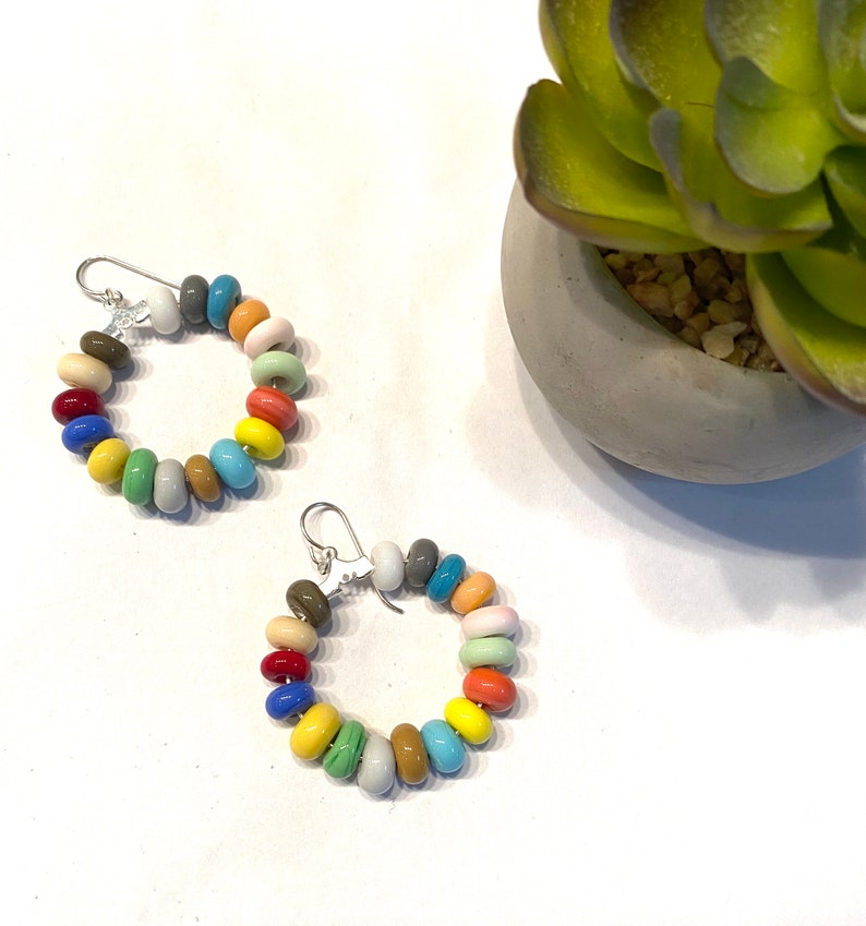 Multicolor Bead Earrings, Handmade Glass Beaded Jewelry Colorful Beaded Hoop Earrings Fun Colorful Earrings for Women Colorful Gift for Her image 6