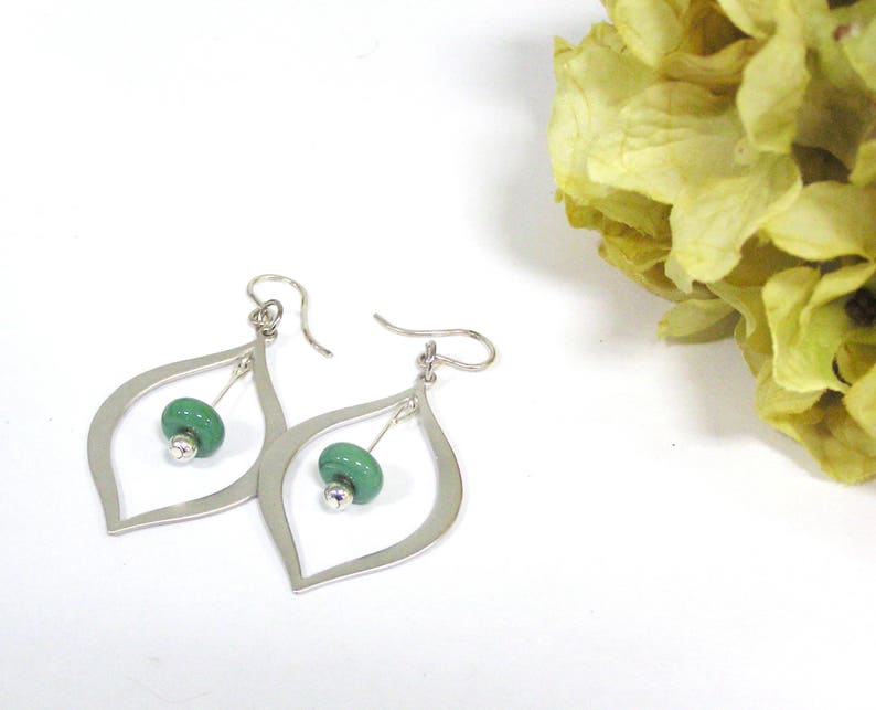 Green Beaded Silver Teardrop Earrings, Green Glass Beaded Jewelry, Lampwork Bead Earrings, Handmade Glass Jewelry Gift for Women image 3