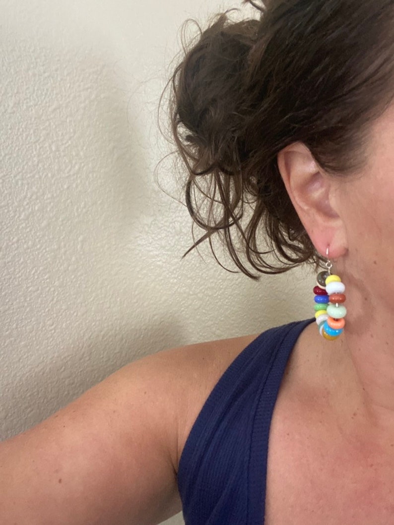 Multicolor Bead Earrings, Handmade Glass Beaded Jewelry Colorful Beaded Hoop Earrings Fun Colorful Earrings for Women Colorful Gift for Her image 8