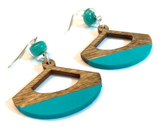 Turquoise Green Earrings Dangle, Painted Wooden Earrings, Geometric Earrings, Turquoise Green Beaded Earrings, Turquoise Green Bead Jewelry