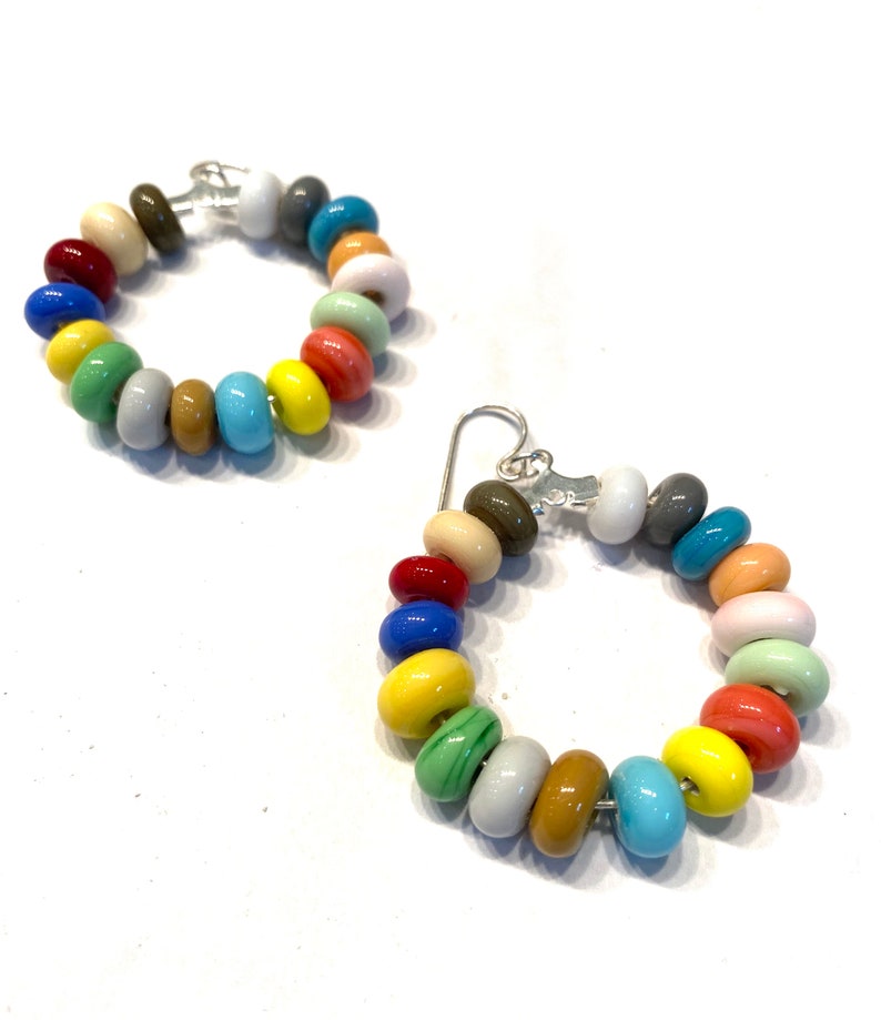 Multicolor Bead Earrings, Handmade Glass Beaded Jewelry Colorful Beaded Hoop Earrings Fun Colorful Earrings for Women Colorful Gift for Her image 1